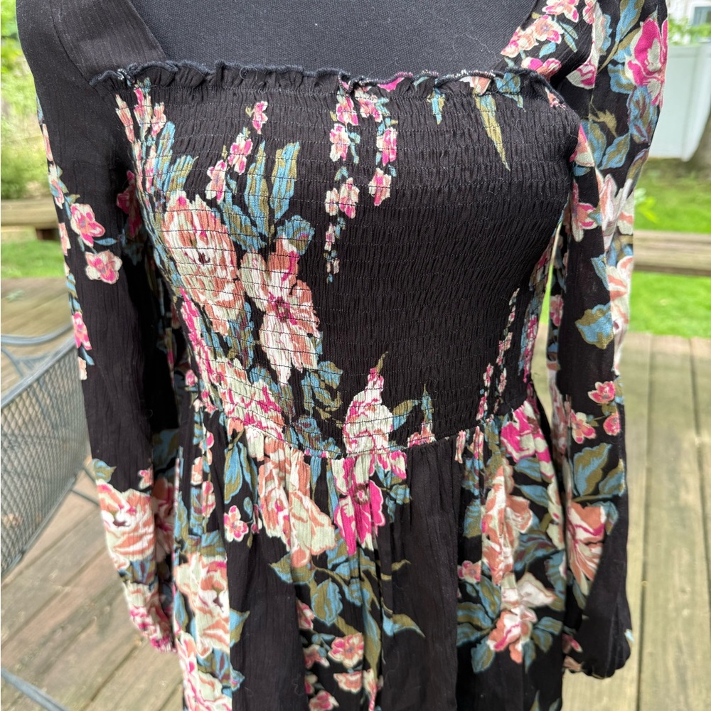 ODDI Women Floral Smocked Square Neck Long Sleeve Rayon Top Black Pink IT13159 S